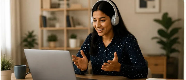 A learner in a live online music class wearing headphones